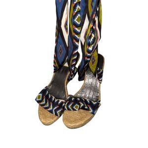 PAZZO Womens Multicolor Tribal Ankle Wrap Wedge Sandals Silk 7 coconut girl cork